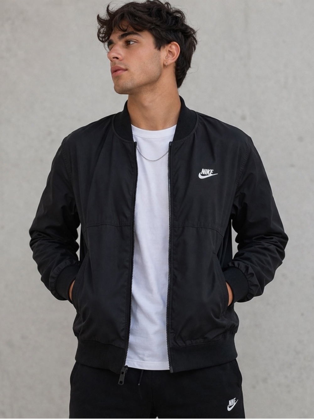 Nike Black Bomber Jacket Zip Front Lightweight Swoosh Logo Size Small